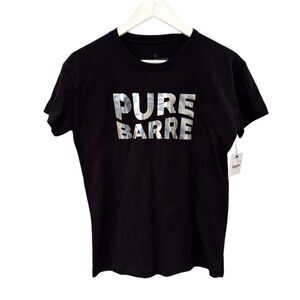 Pure Barre Wave Foil Tee Small NWT Black Silver Logo 100% Cotton USA Barre